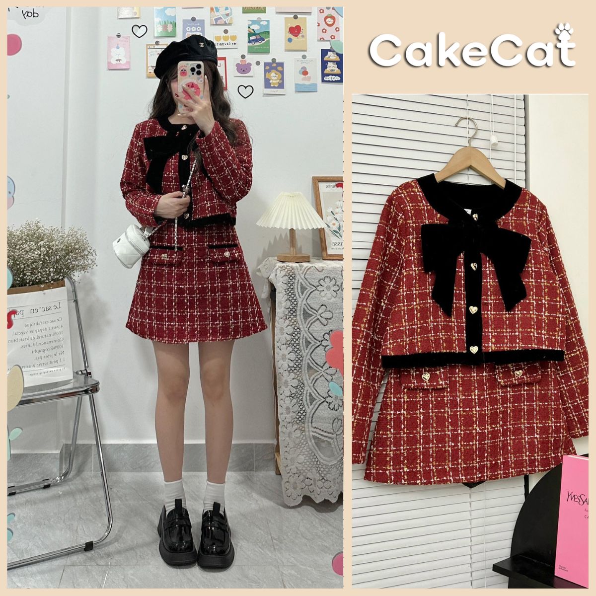 Set Áo Dạ - Áo Dạ Croptop Kèm Nơ Mix Chân Váy Chữ A Set Áo Dạ Tiểu Thư Sang Chảnh Áo Dạ Tweed Màu Đỏ Cakecat