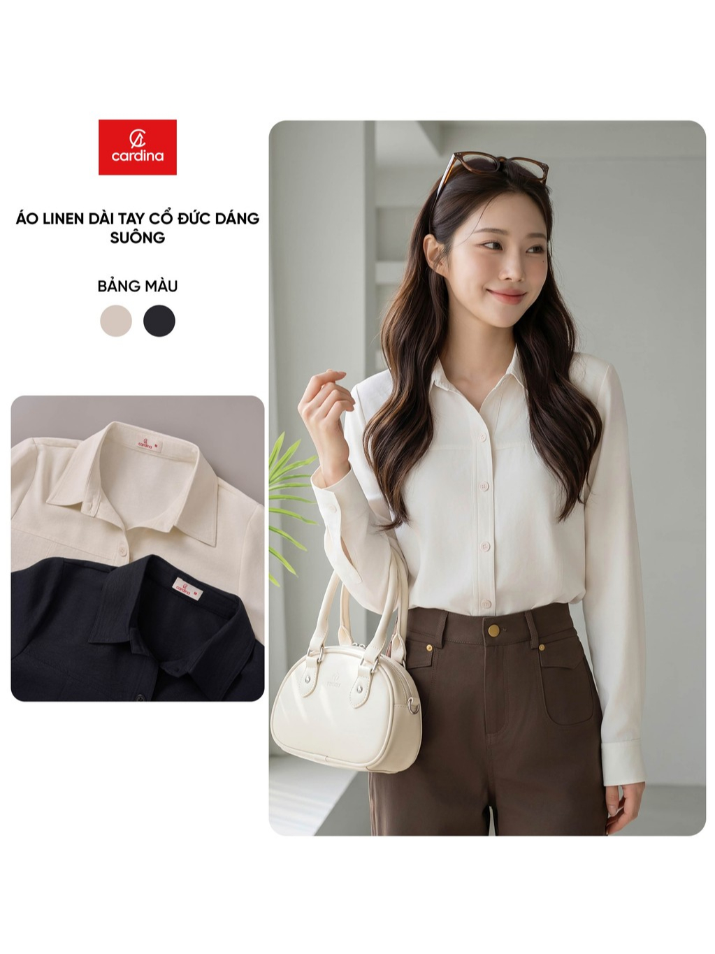 Áo sơ mi nữ CARDINA chất liệu linen dài tay cổ đức dáng suông 6ASD08