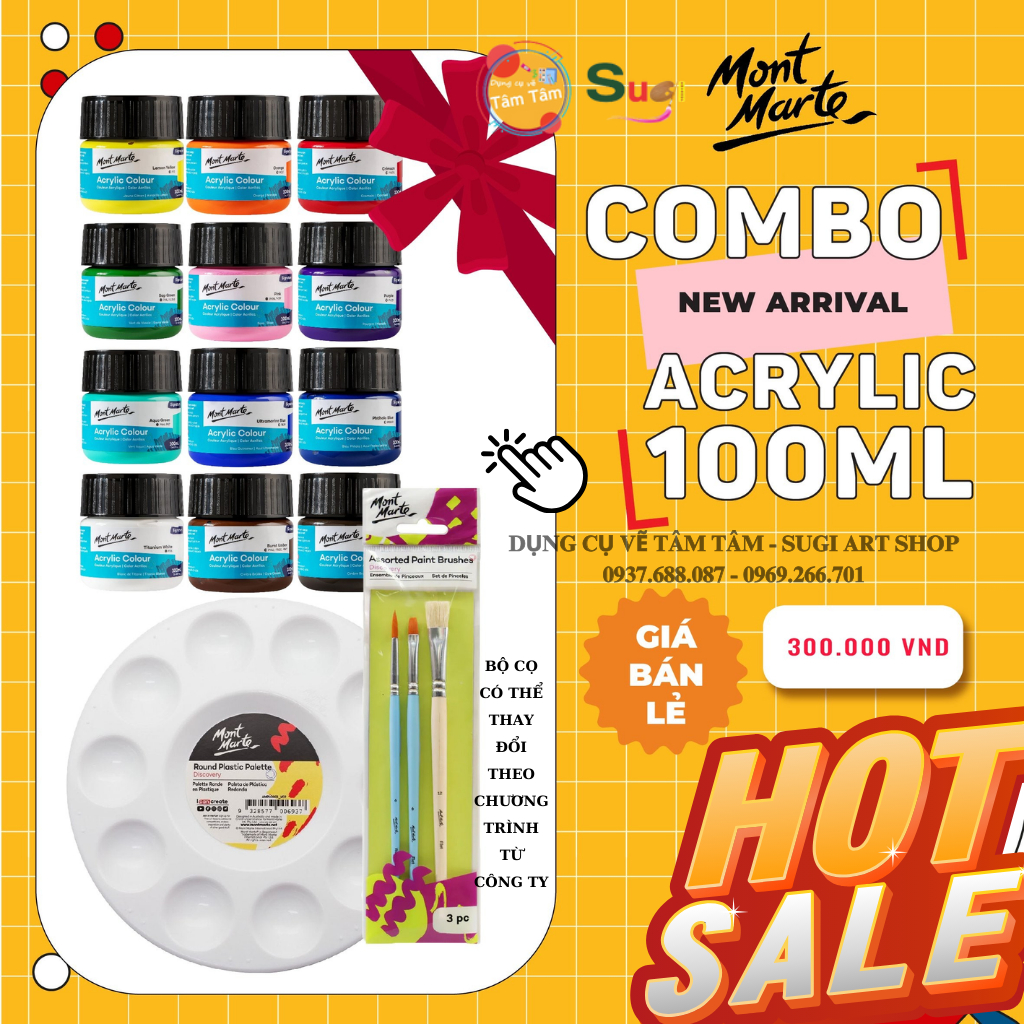 Combo 12 màu acrylic 100ml - tặng kèm bảng pha màu và cọ vẽ