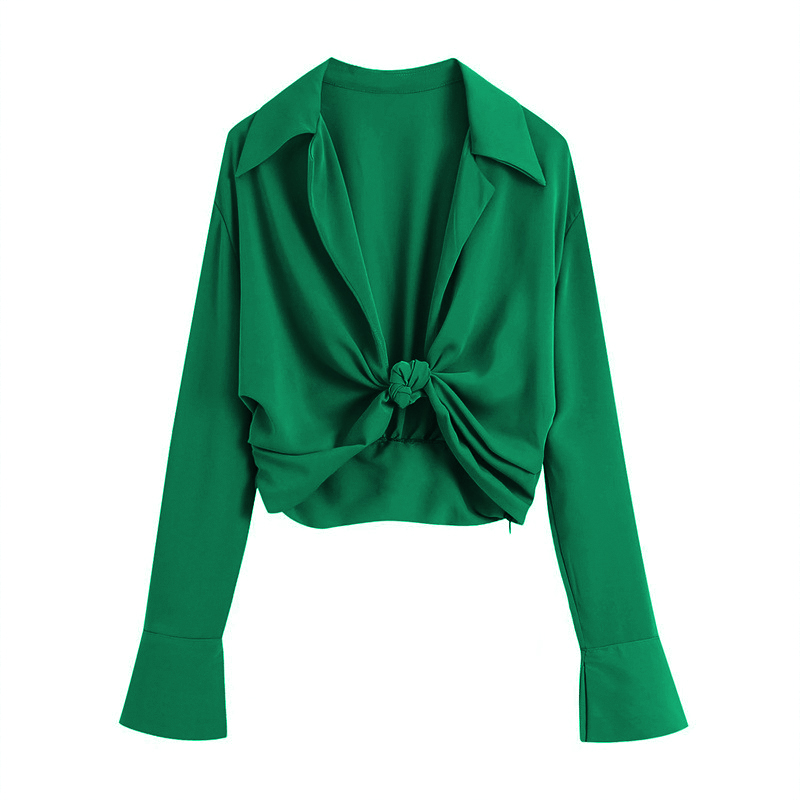 Women Fashion Turn Down Collar Knitted Green Color Smocked Blouse Female Long Sleeve Slim Shirt Chic Crop Tops