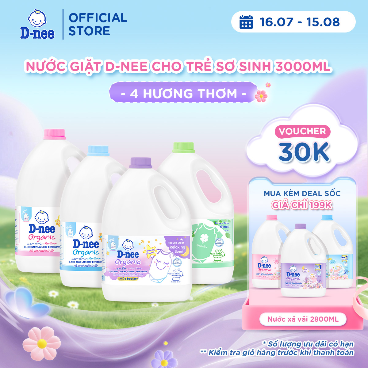 (GIÁ 1 CAN) Nước giặt D-nee cho trẻ sơ sinh, mềm dịu, thơm nhẹ, không hư hại quần áo - Can 3000ml - 4 Hương thơm