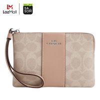 Coach Corner Zip Artificial Leather Bonded Cow Split Leather Wrist Bags Clutches Small Size Womens Taupe | ของแท้ ตรวจสอบโดย SASOM