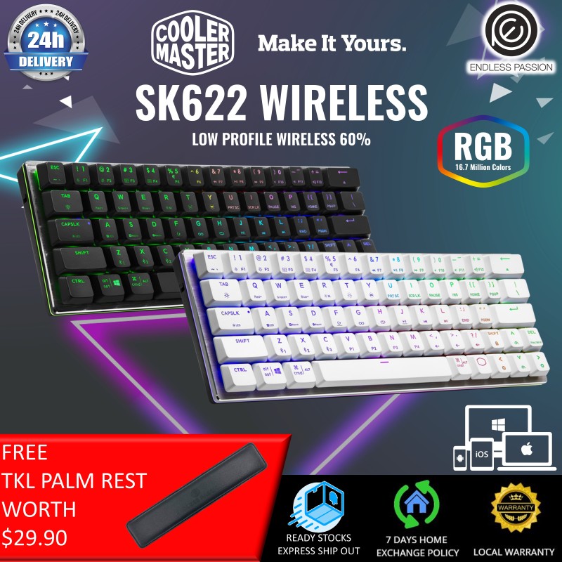 Cooler Master SK622 Wireless 60% Mechanical Keyboard with Low Profile Switches, New and Improved Keycaps, and Brushed Aluminum Design [24 Hours Delivery] Singapore