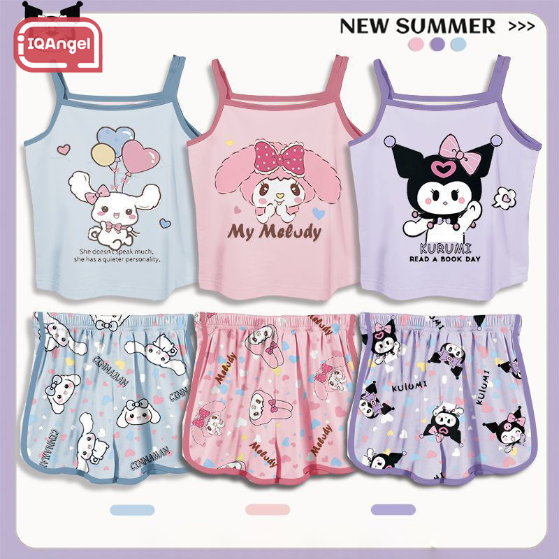 IQANGEL children's suit Girls' new fashionable Korean style thin and cute fashionable ice silk camisole casual home wear pajamas two-piece set ราคา 162 บาท*ส่งฟรี