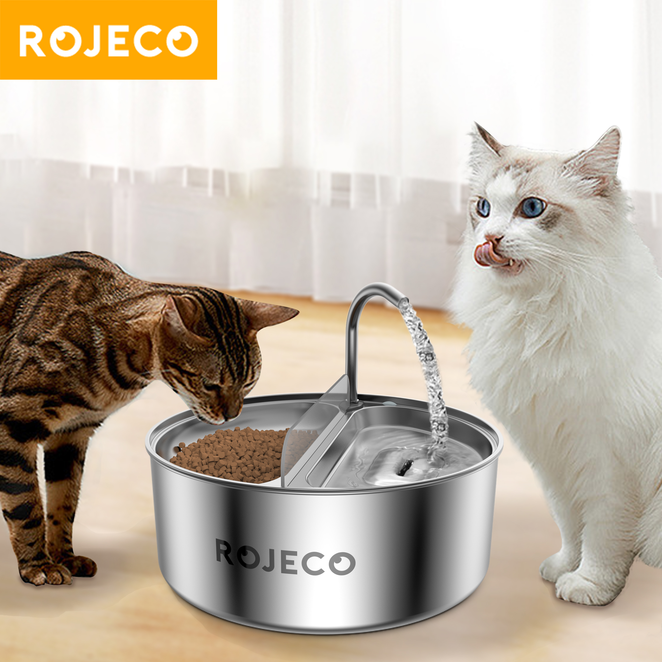 Rojeco 3.2l auto cat water fountain & feeder 2 in 1 stainless steel double bowl pet feeding drinking dog water dispenser