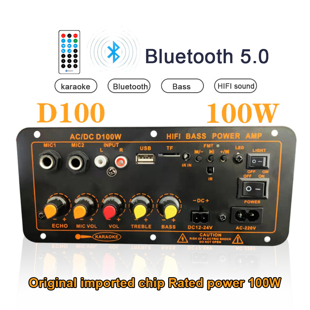 Dengar dengar D100 220V 12V 24V kỹ thuật số Bluetooth 5.0 bảng khuếch đại loa siêu trầm micro kép khuếch đại cho 8-12 inch Loa 100W