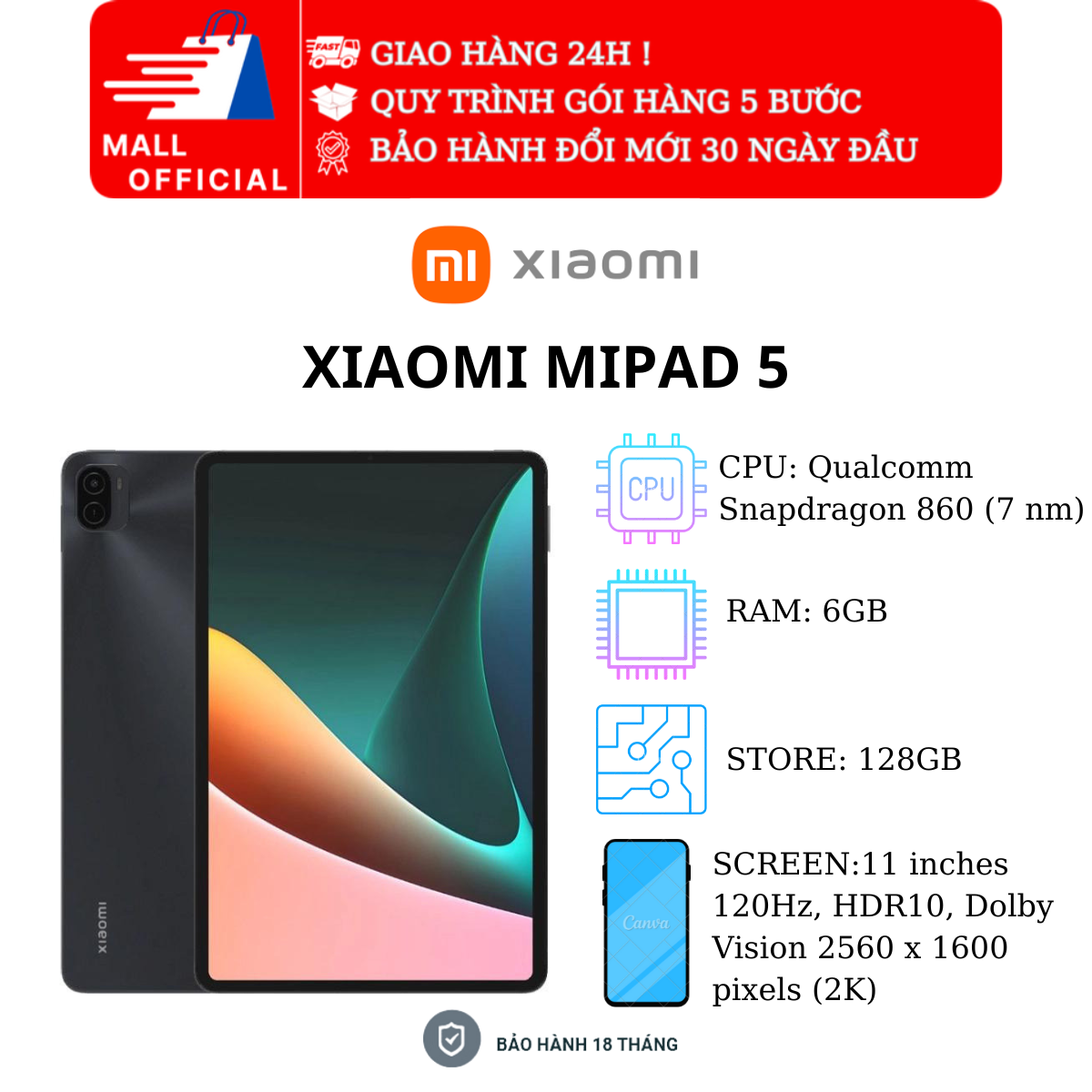 Máy tính bảng Xiaomi Mi Pad 5 RAM 8/256GB | Hàng Chính Hãng| Bảo Hành 18 Tháng