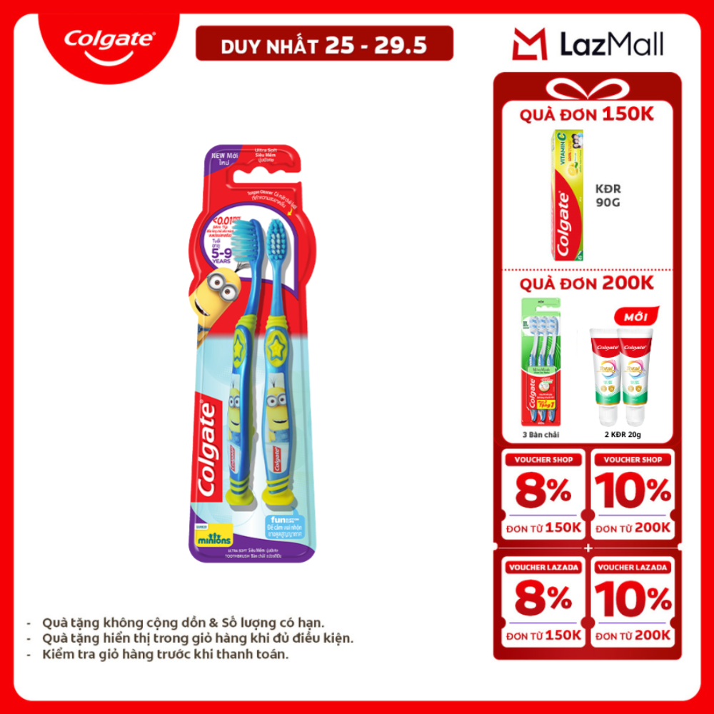 [Chỉ 25-29.5_X2 Voucher giảm 20%] Bộ 2 bàn chải Colgate Minion Twin cho trẻ em từ 5-9 tuổi