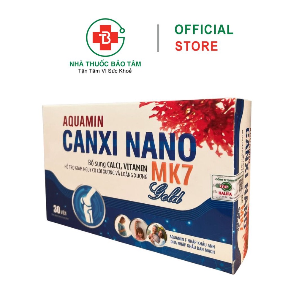 Viên Uống Aquamin Canxi Nano Mk7 Gold BỔ SUNG CANXI, Chống Còi Xương, Loãng Xương - Hộp 30 Viên