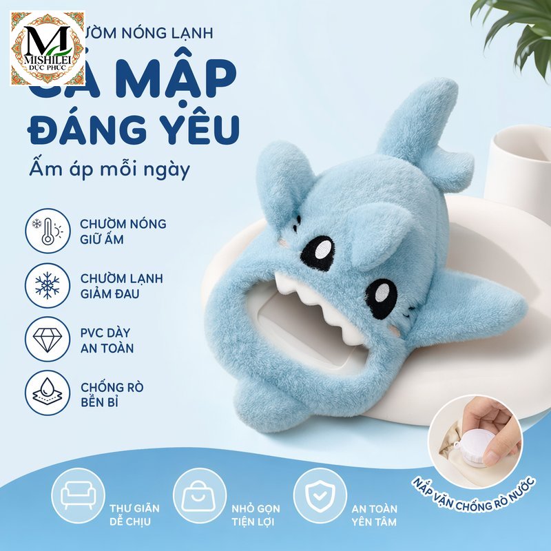 Mishilei Túi chườm nóng lạnh PVC dày túi giữ nhiệt hình cá mập dễ thương tái sử dụng nắp vặn chống rò rỉ dùng mùa đông