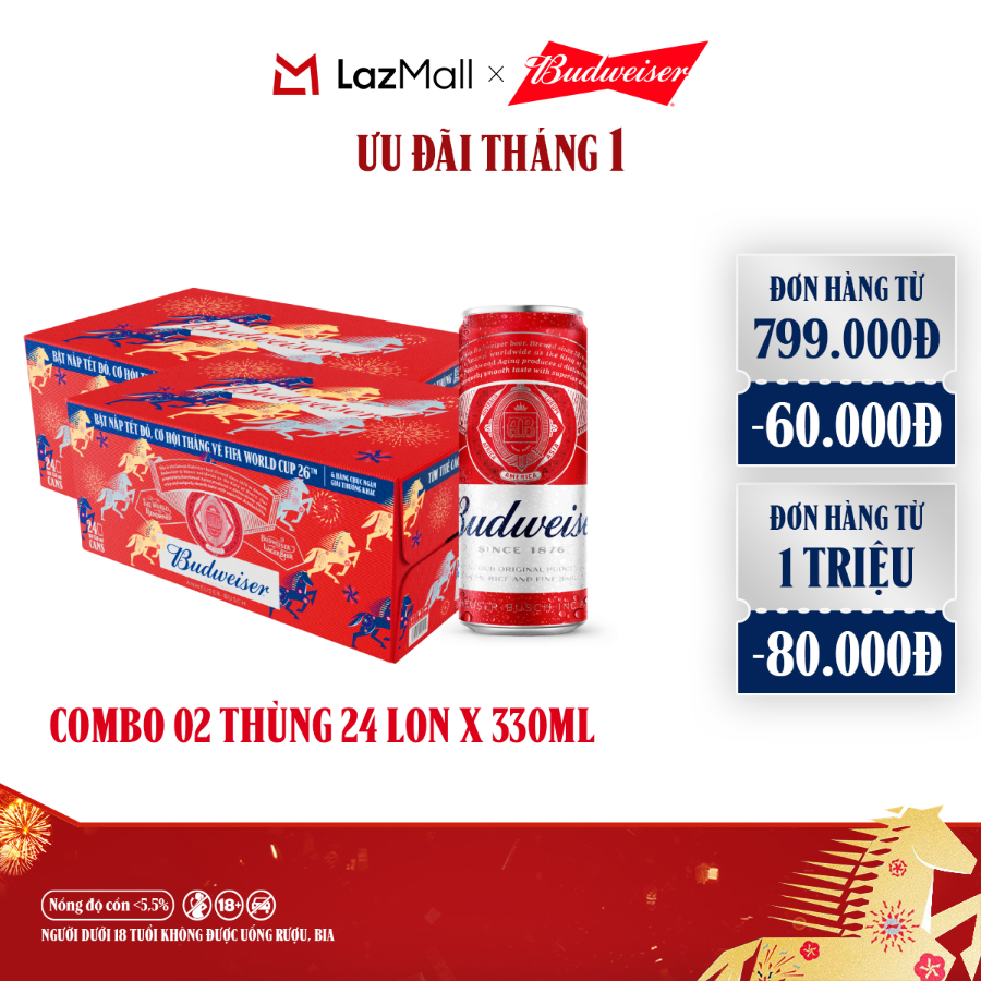  Combo 2 Thùng 24 Lon Bia Budweiser Sleek Can Chính Hãng  330ml lon  