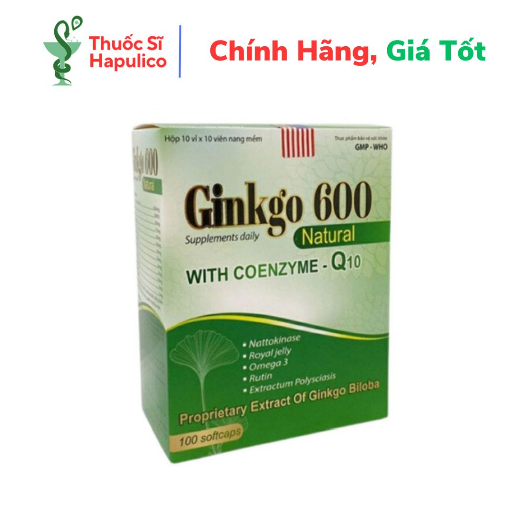 Viên uống bổ não GINKGO 600 Natural, nattokinase, omega 3, dầu gấc ngăn ngừa tai biến - Hộp 100 viên