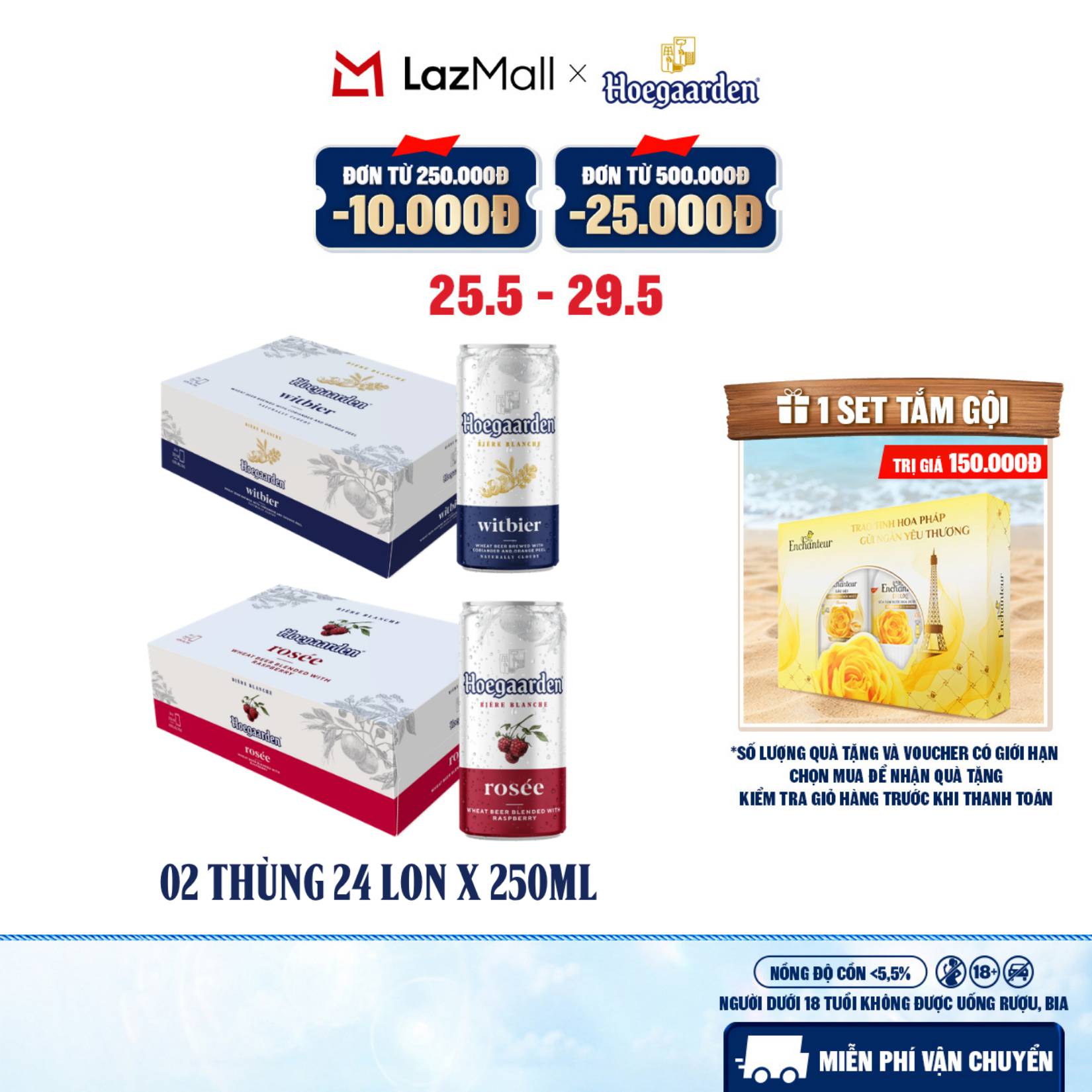 Thùng 24 Lon Bia Hoegaarden white bỉ thùng 24 lon (250ml/lon) và Thùng 24 Lon Bia Hoegaarden Rosée (250ml/lon)