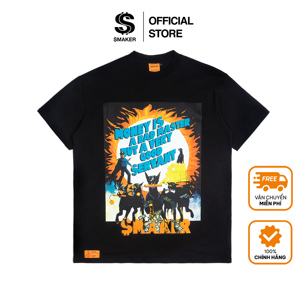 Áo thun 100% cotton hình con chó - money is a bad master tee in black