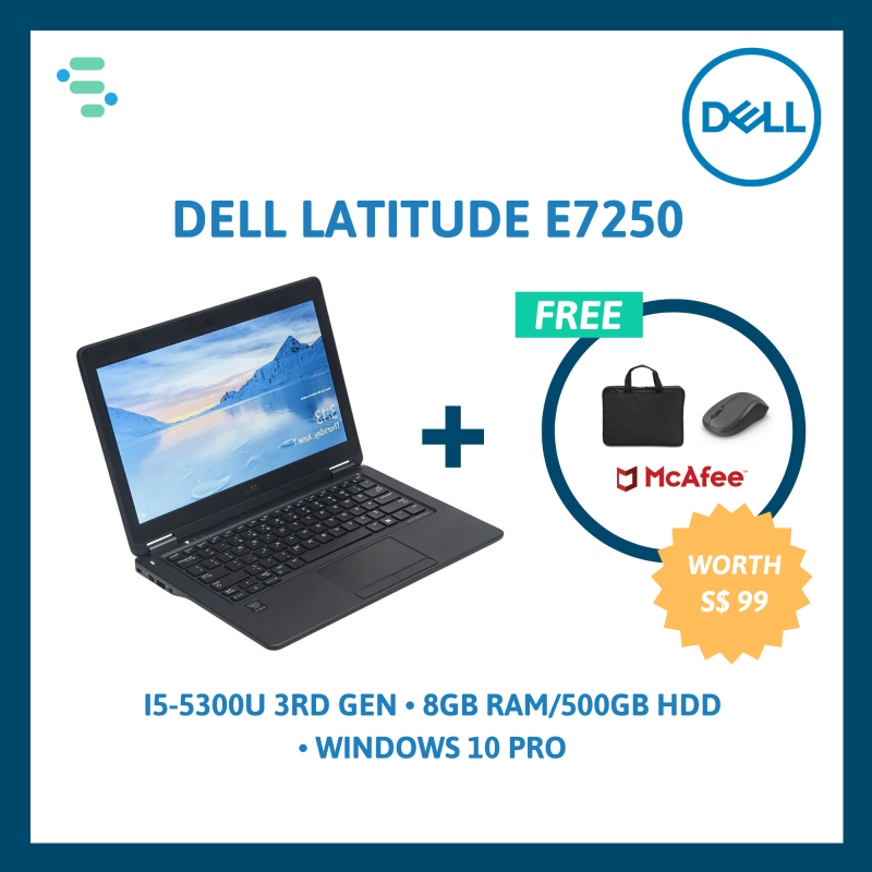 Dell Latitude E7250 | 12.5 | Intel Core i5-5300U 3rd Gen | 8GB Ram | 500GB HDD / 256GB SSD | FREE Laptop Bag + Wireless Mouse + Anti-Virus