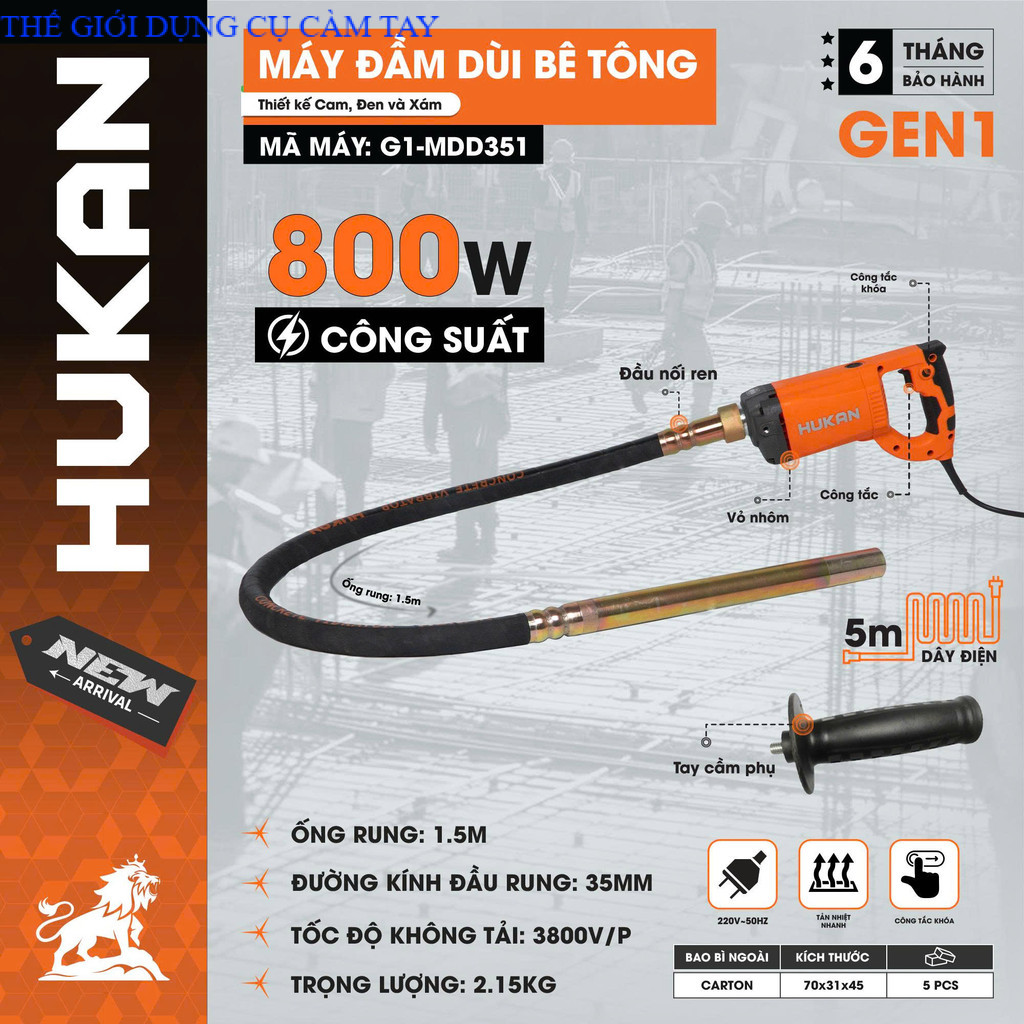 Máy Đầm Dùi Cầm Tay HUKAN GEN) - MDD351 - Máy đầm dùi bê tông - Bảo hành 12 tháng THẾ GIỚI DỤNG CỤ CẦM TAY GIÁ SĨ