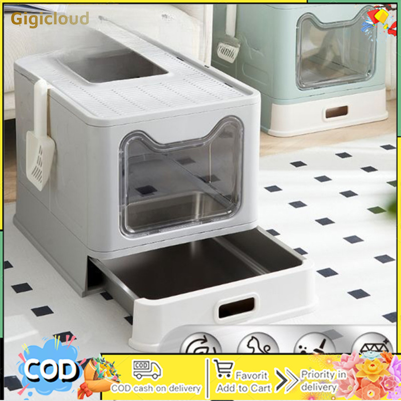 Cat Litter Box With Scoop, Foldable Cat Litter Box With Lid, Top Entry & Front Entry Toilet Large Enclosed Cat Litter Box For Growing Kitten, Non-Sticky ราคา 2,406 บาท*ส่งฟรี