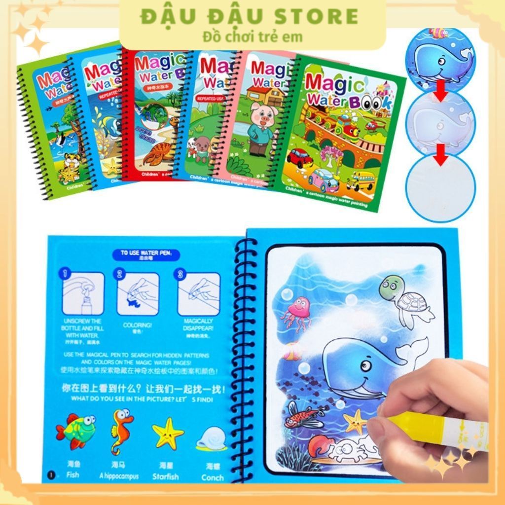 Tranh Tô Màu Nước Ma Thuật Tự Xóa Sách Tập Tô Thần Kỳ Magic Water Book Cho Bé Tặng 1 Bút Tô Màu Đậu Đậu Store