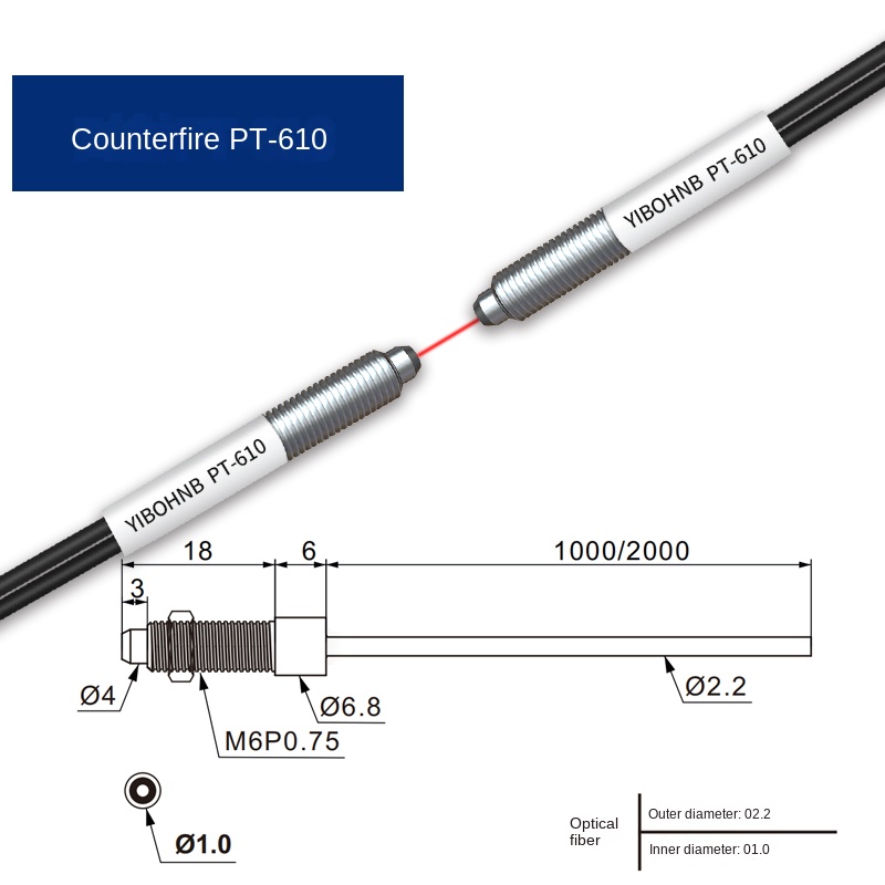 Cảm biến quang sợi quang PT-610 - Loại thu phát riêng, dây dài 1m, PRS/PT Series