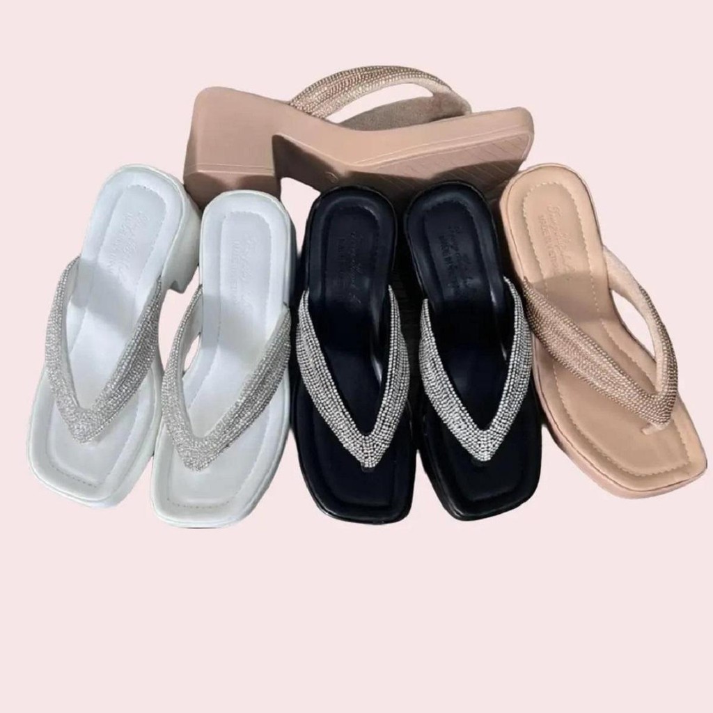 Dép nữ cao gót - đế PU cao 6 phân - quai kẹp xoàn đá - ( MS09 ) DéP Shoes GiàY Jean Cao Su Quai Ngang Women