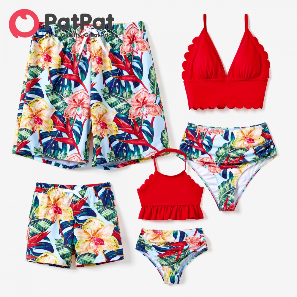 PatPat Family Matching Floral Drawstring Swim Trunks or Ruched Shell Edge
