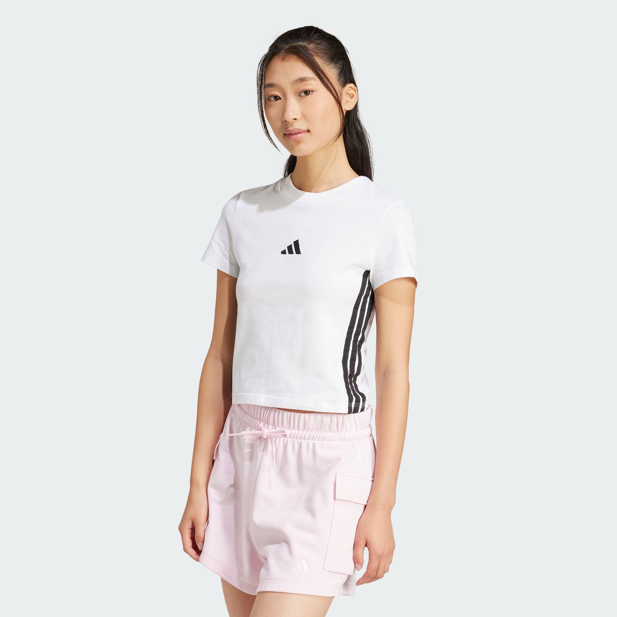 adidas Phong cách sống Áo Baby Tee Dáng Ôm 3 Sọc Essentials Nữ trắng JE1239