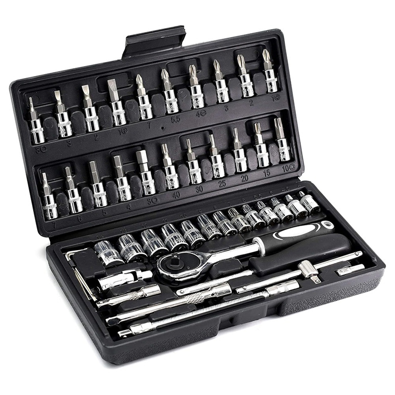 【GoS】-46PCS Drive Socket Set,Metric Ratchet Wrench Set with -V Sockets,S2 Bits, Tool Kits for Household Auto Repair
