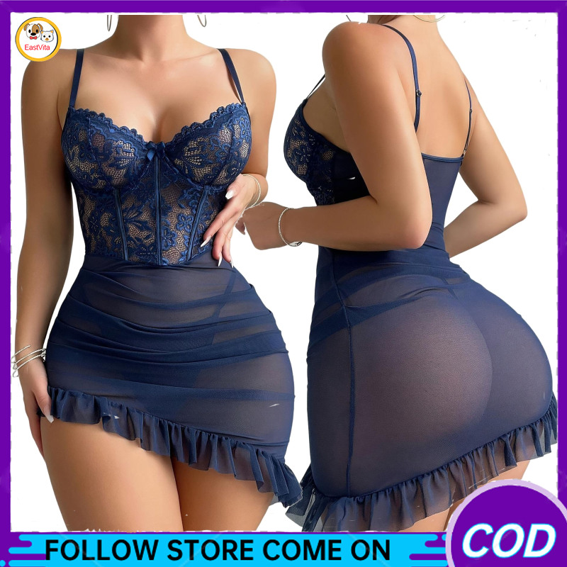 Women's 2 Piece Lingerie Set Floral Lace Sheer Chemise Lingerie Ruffled Mini Babydoll Nightdress With Thong