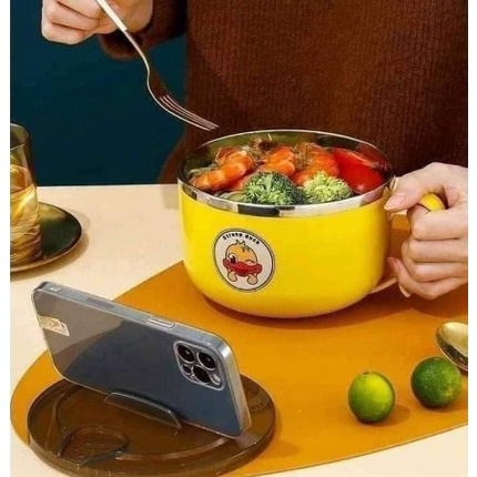 Tô ăn mì - Bát inox có nắp đậy dung tích 1 lít họa tiết vịt vàng - Thingkids