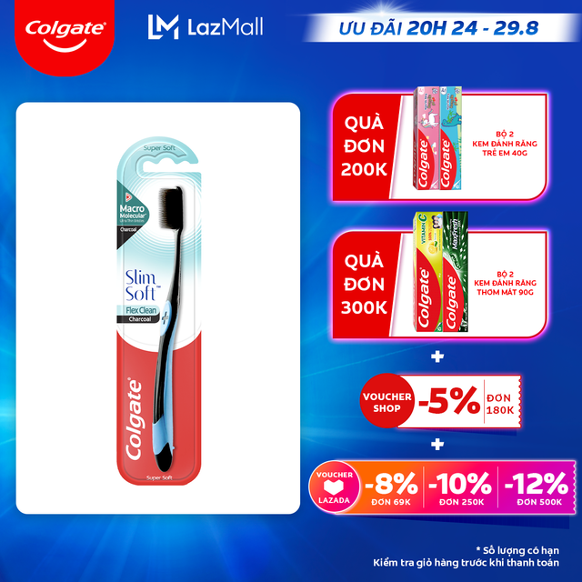[Ưu đãi 20H 24.8 - 29.8_Áp voucher Colgate 5% + voucher LZD 8%]Bàn chải Colgate Slimsoft Flex Clean Charcoal nguyên khối than hoạt tính kháng khuẩn