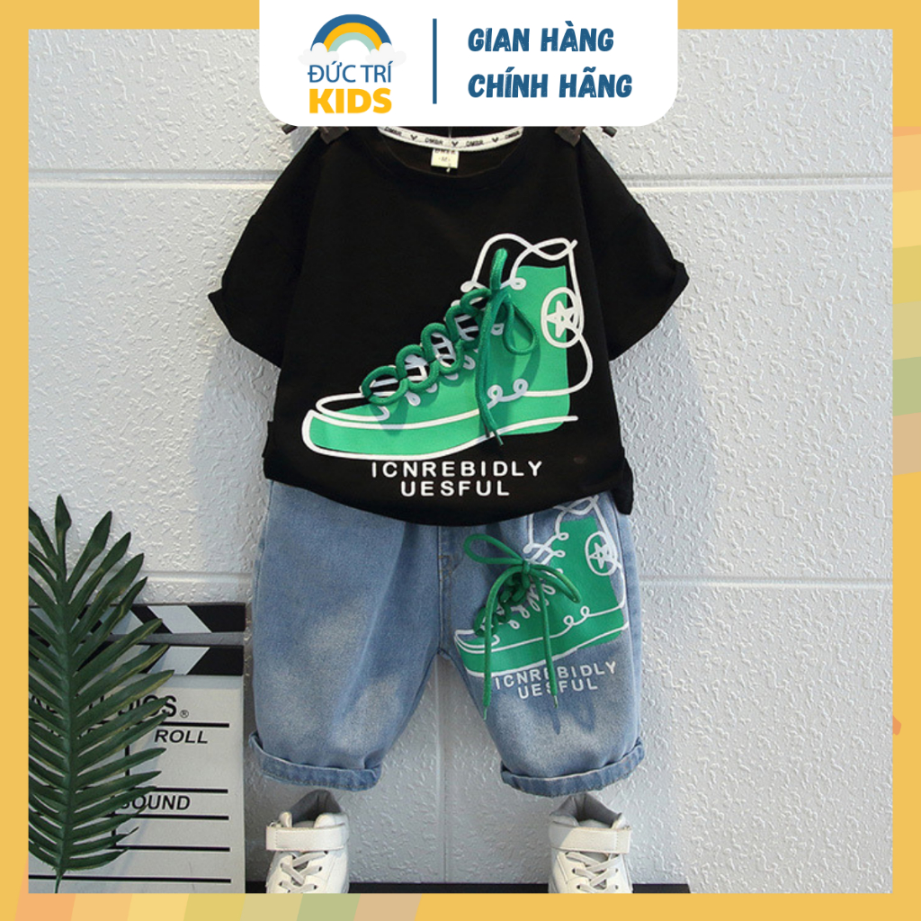 Set đồ bé trai áo thun tay ngắn cổ tròn SN Cotton hình sneaker quần bò Jean ngắn lửng trẻ em 1-7 tuổ
