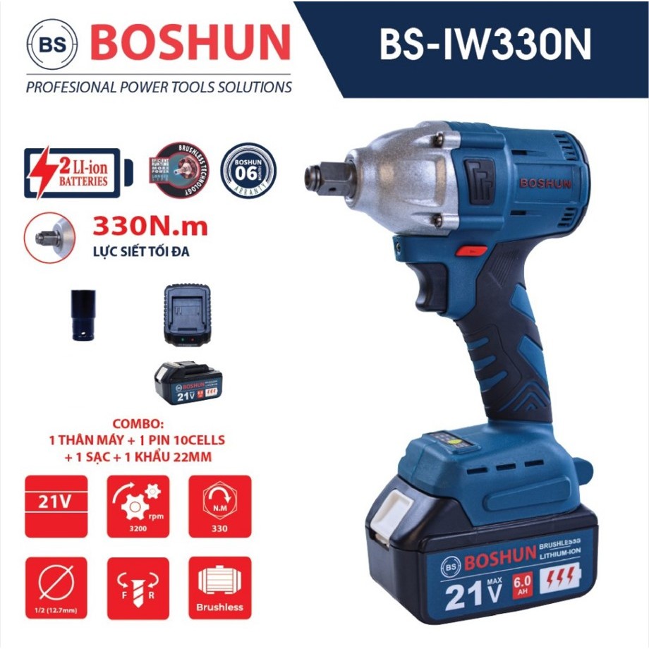 Máy Siết Bulong Boshun BS-IW330N 21V Không Chổi Than, Lực Siết 330Nm - Đầu 2 in 1