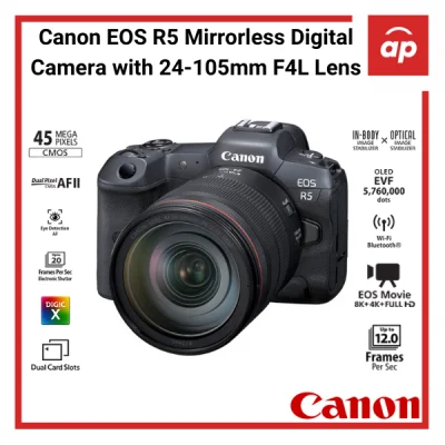 (12 + 3months Warranty) Canon EOS R5 Mirrorless Digital Camera with 24-105mm F4L Lens + Freegifts