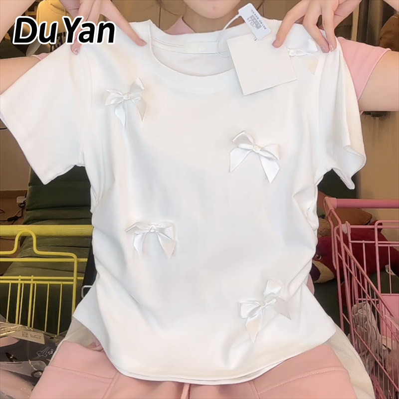 Du Yan DUOHANZI Japanese sweet bow pink short-sleeved T-shirt sweet and spicy summer new academic style niche slim-fit short top ราคา 149 บาท*ส่งฟรี