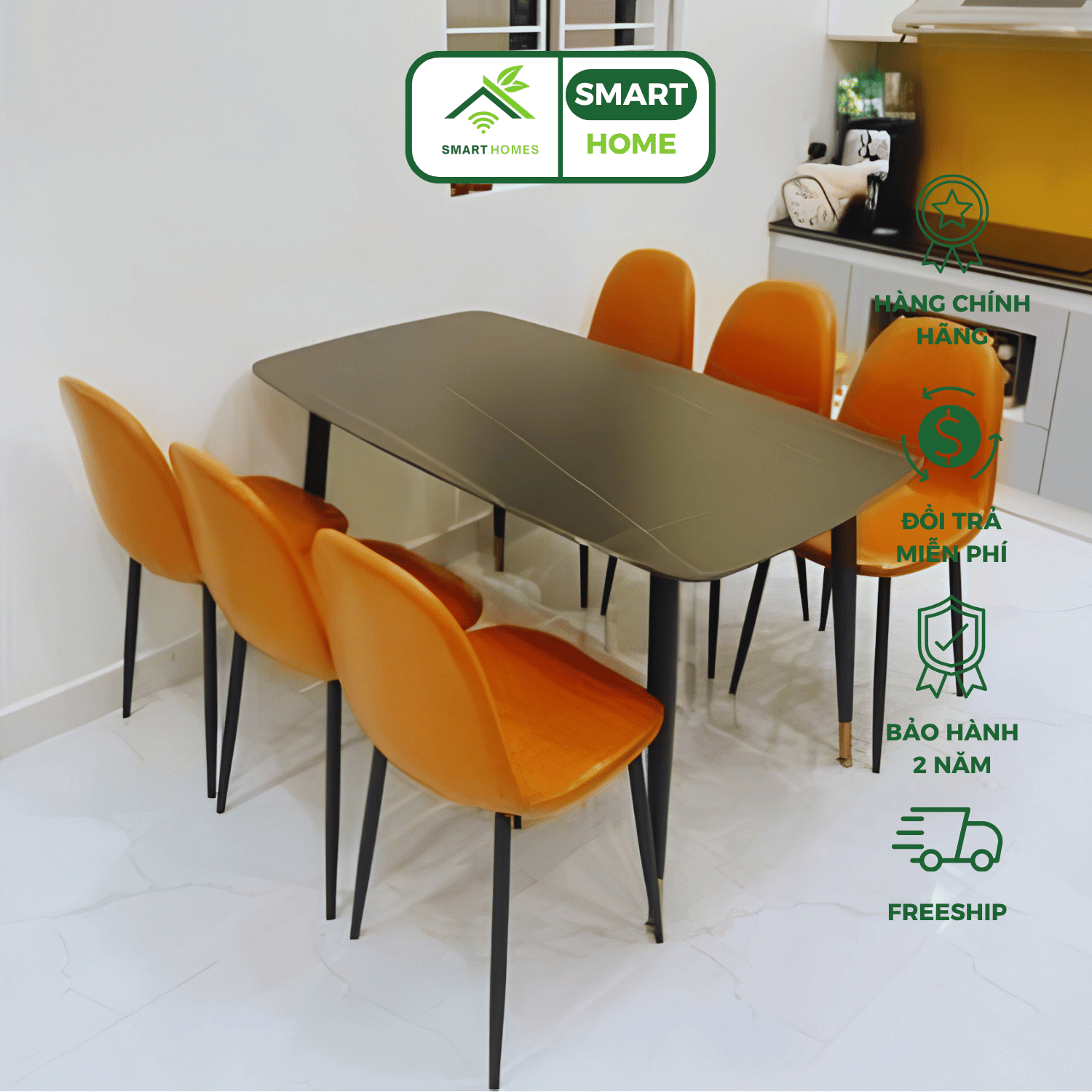 Bộ Bàn Ăn SMARTHOMES GA14 Nhập Khẩu Sơn Trắng 6 Ghế Sang Trọng Cho Phòng Ăn Phòng Khách