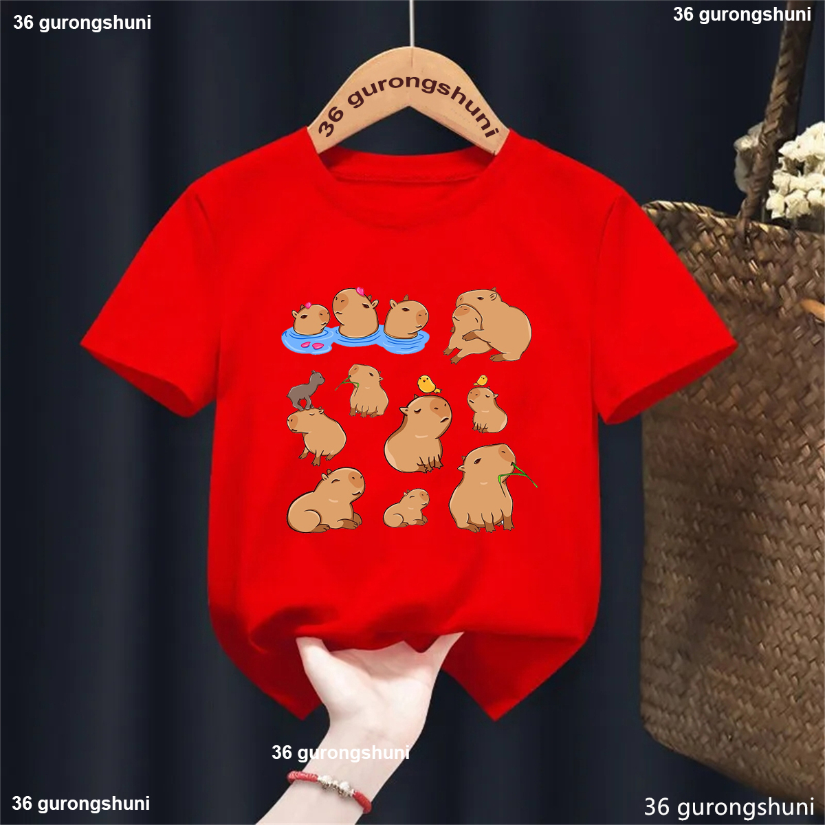 Cute Capybara Loves Orange Juice Printed T Shirt Girls/Boys Kawaii Kids Clothes Funny Solid Tshirt Summer Tops Fashion T-Shirt - 4