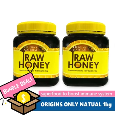 *Bundle of 2* Origins Organic Only Natural Raw Honey 1kg Yellow Label Superfood Boost Immune System Apple Cider Vinegar Lemon Beverage