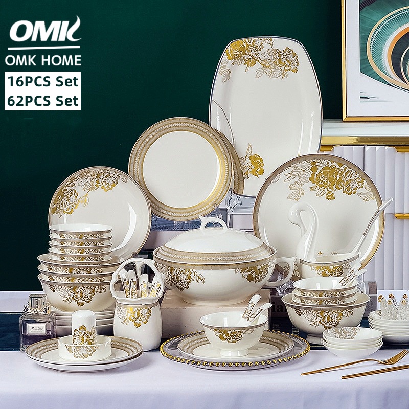 OMK 19PCS/62PCS Set European luxury style Bone China Tableware Set Party tableware suitable for 10 people Dinner Plate Set bowl ราคา 5,127 บาท*ส่งฟรี