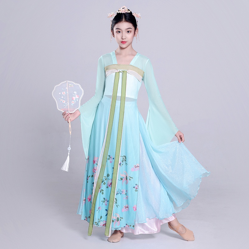 Bộ Hán Phục Biểu Diễn Múa Quạt Dài Phối Lưới Phong Cách Trung Hoa Cổ Điển Thanh Lịch Cho Bé Gái