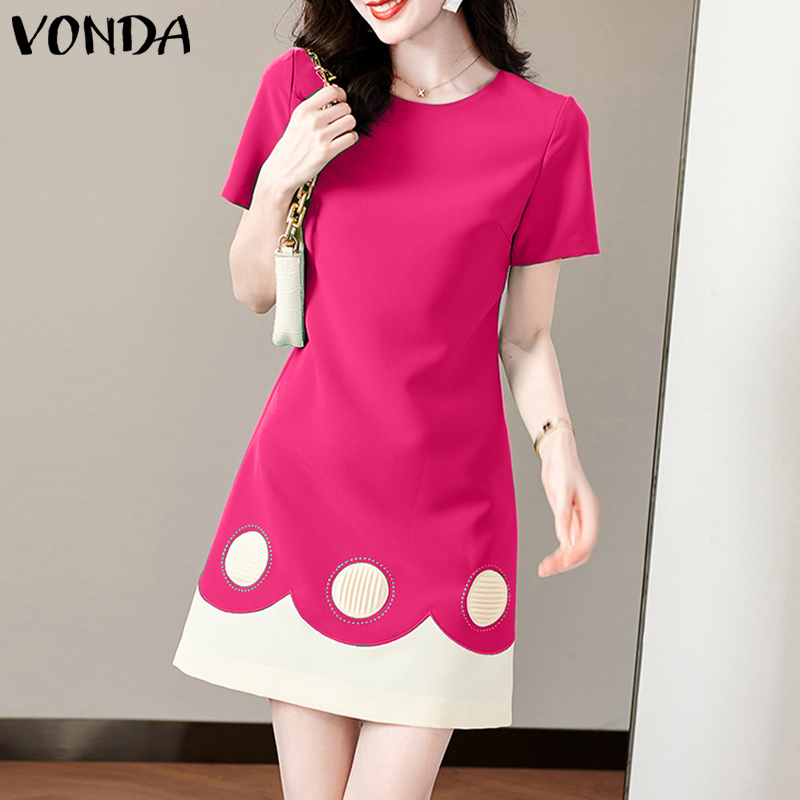 VONDA Womens Dignified O Neck Geometric Splicing Mini Dresses Short Sleeved A-Line Dress (Korean Causal)