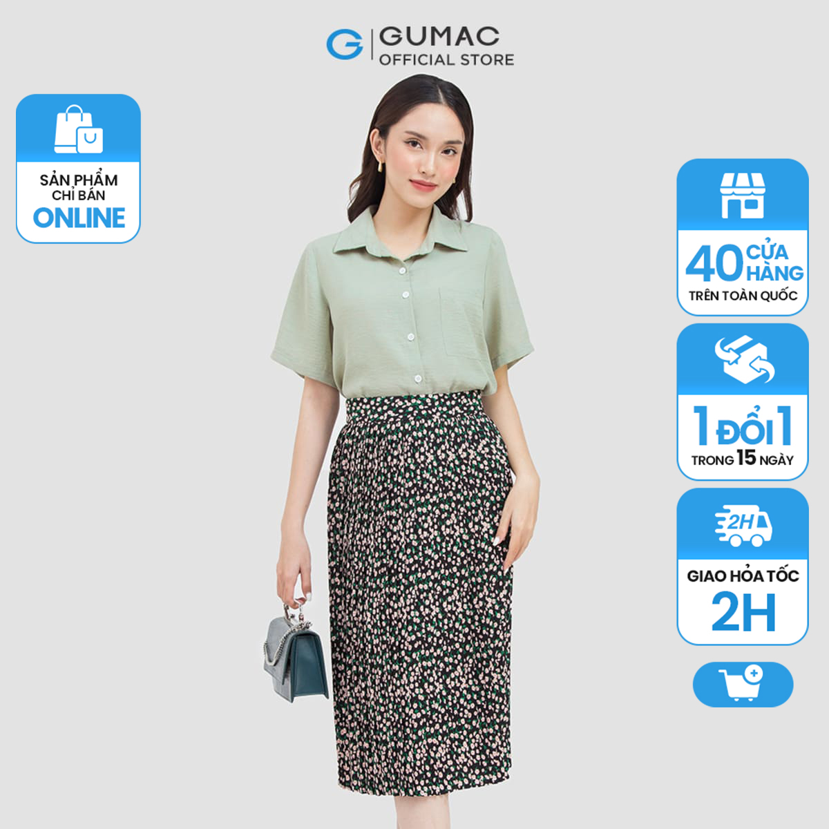 Chân váy xòe phối hoa trẻ trung gumac lv0604
