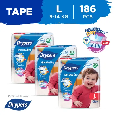 Drypers Wee Wee Dry L (9 - 14Kg) 62S X 3 Packs 186Pcs