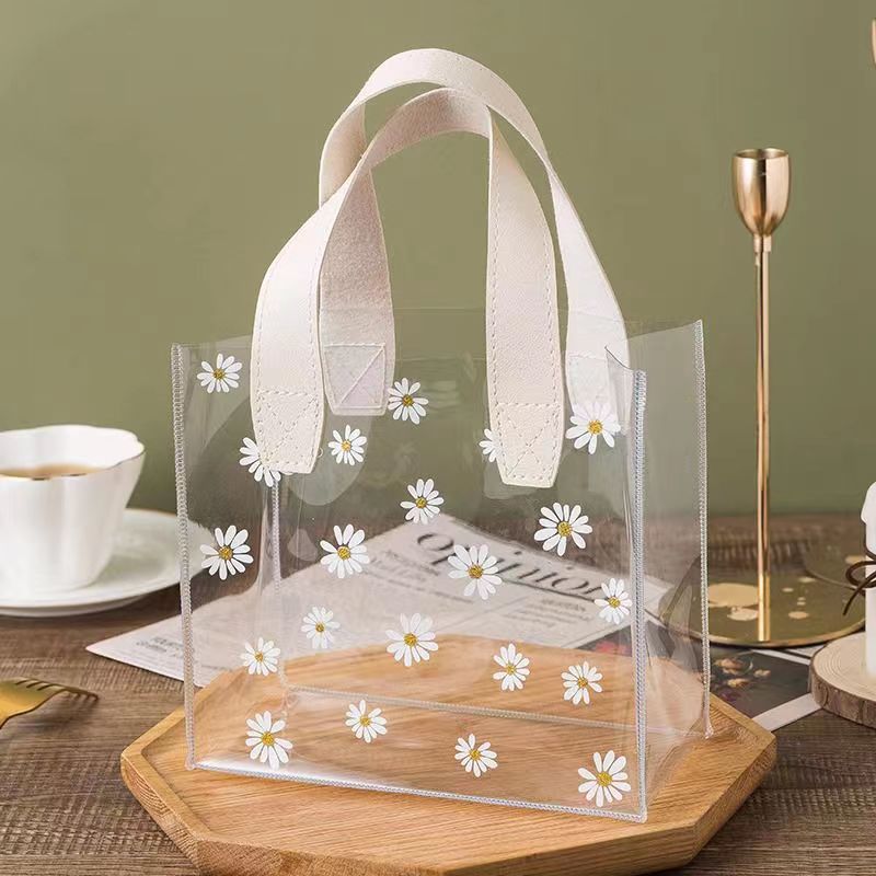 SG INS gift bag Wholesale transparent PVC bag with chrysanthemum PU handle festival wedding birthday gift bag Waterproof