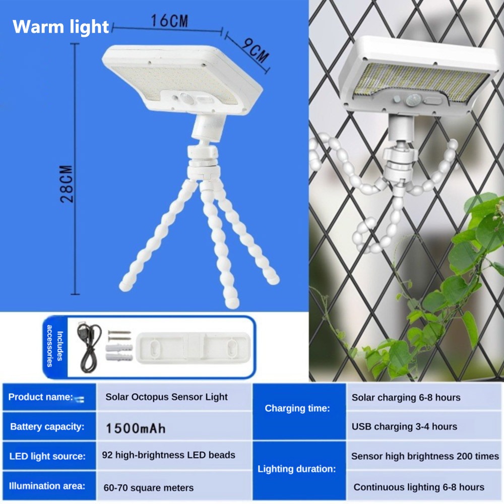 JURHOMIE 92LED Solar Flood Light Flexible Octopus Tripod Waterproof Wall Lamp 2025 Security Lights Clip Fence Lamp Camping Patio