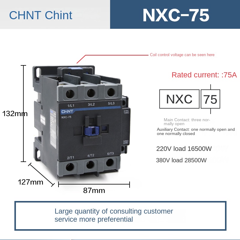 Contactor 380V - NXC-75 75A | Tùy chọn NXC 09/NXC-12/NXC-16/NXC-18/NXC-22/NXC-25/NXC-32 CHINT 220V/380V Thay Thế CJX2 – Điều Khiển Động Cơ Hiệu Quả
