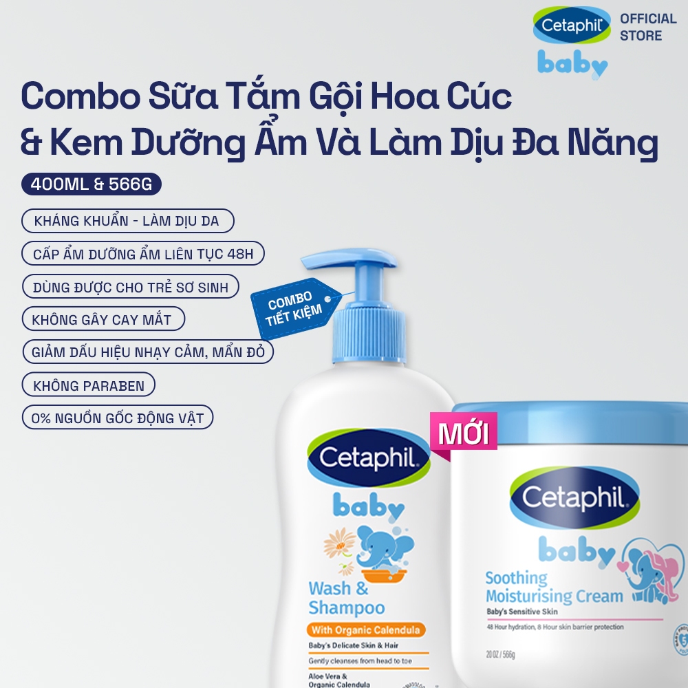 Combo Sữa tắm dưỡng ẩm dịu lành cho bé với Calendula hoa cúc hữu cơ CETAPHIL BABY WSHAMPOO CALENDULA 400ML  Kem làm dịu và dưỡng ẩm cho bé Cetaphil Baby Soothing  Moisturising Cream hũ 566g