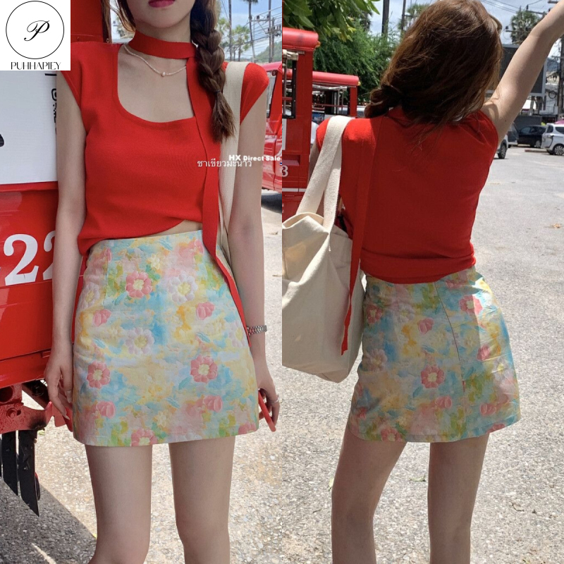 PUHHAPIEYกระโปรงครึ่งตัวลายดอกไม้พิมพ์ลายดอกไม้สำหรับผู้หญิงกระโปรงสั้นเอวสูงใส่แล้วดูผอมเพรียวทรงเอ ราคา 169 บาท*ส่งฟรี