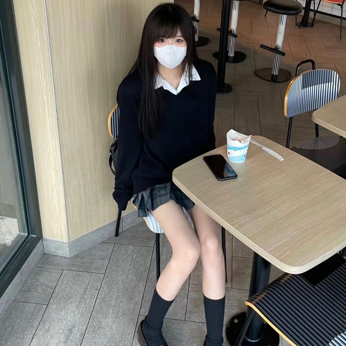 FC Phong cách đại học, bộ sưu tập mới mùa thu đông jk Áo len đồng phục v Áo len đan nhiều lớp tay dài có cổ cho bé gái - 5