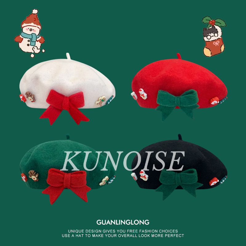 KUNOISE Bow Christmas Beret Women's Wool Warm Hat Christmas Gift Painter's Hat Fashion Parent Child Hat ราคา 145 บาท*ส่งฟรี