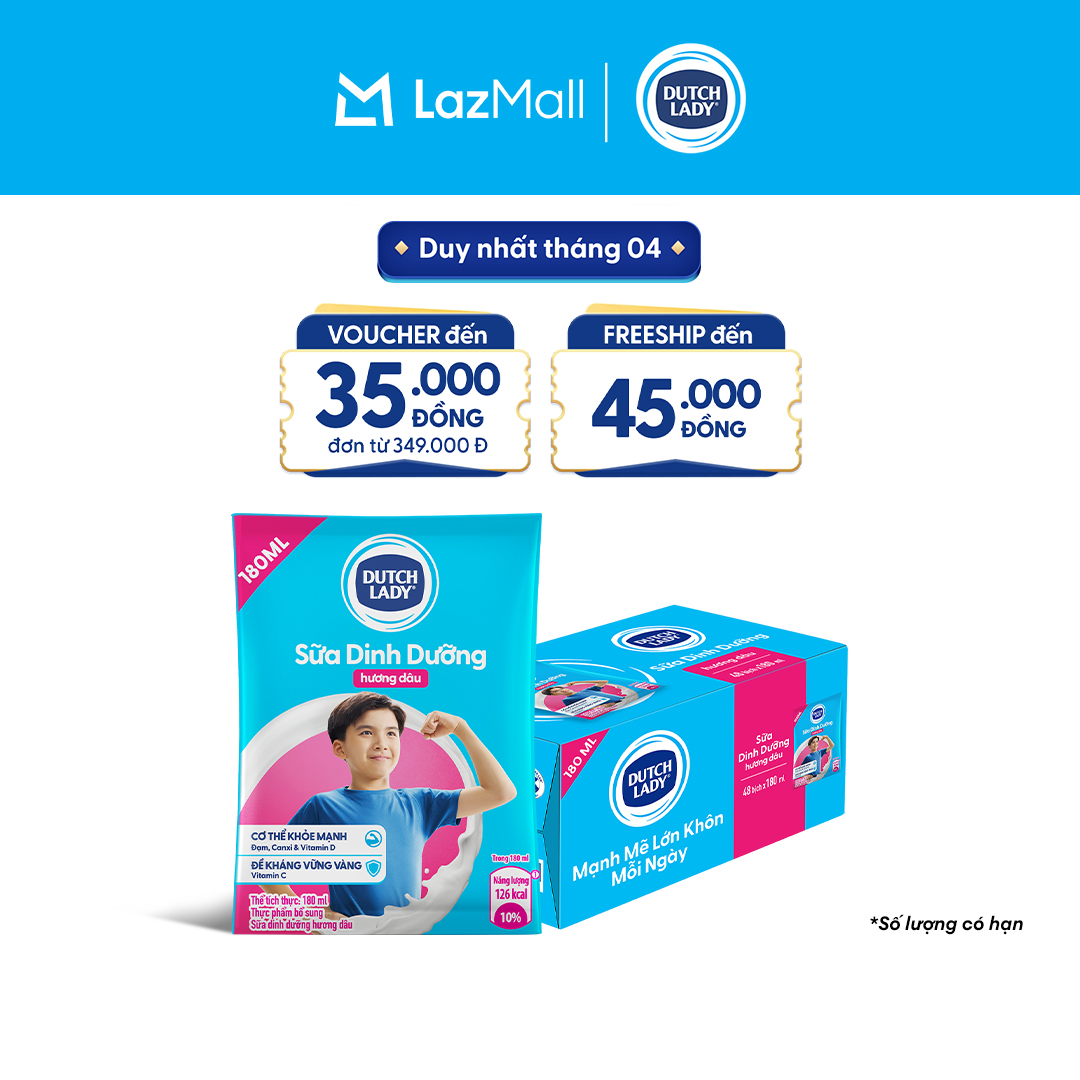 Thùng 48 Bịch Sữa Dinh Dưỡng Dutch Lady Cô Gái Hà Lan Hương Dâu 180ml